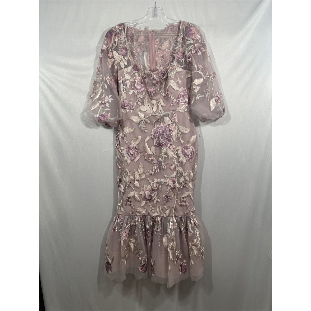 NEW $795 Marchesa Notte [ 6 ] Embroidered Puff Sleeve Midi Dress Rose Pink J2151 - Picture 8 of 15